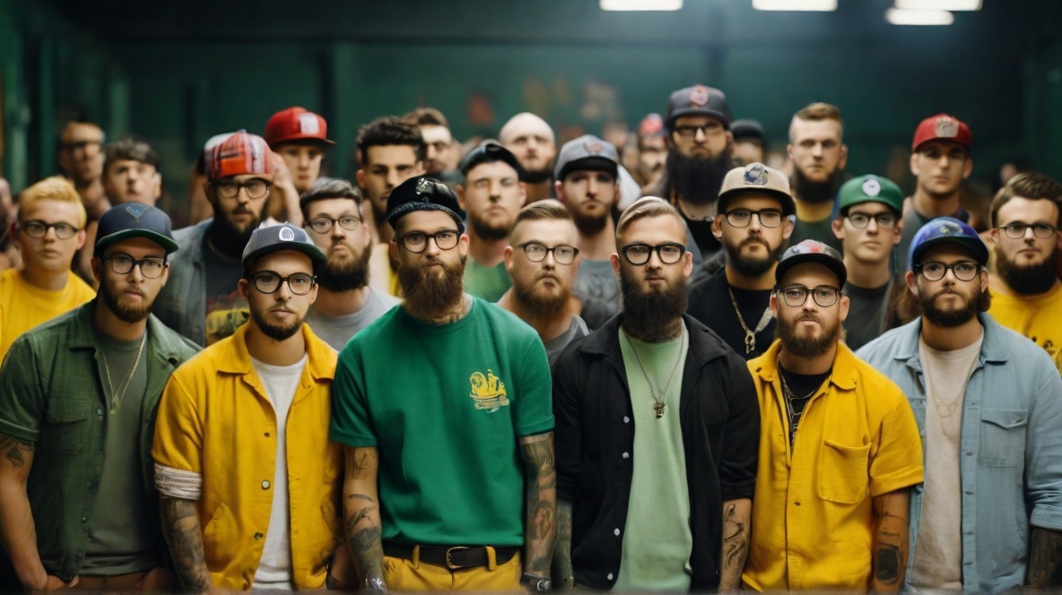 Nerd Basecap Vollbart Brille Piercing Tattoo Einheitslook